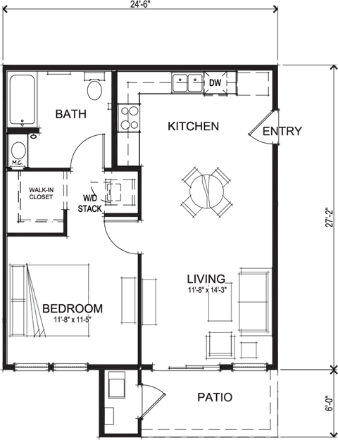 Floor plan for 1 bed, 1 bath, 667 sqft
